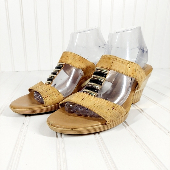 SOFFT Wedge Cork Tan Gold Accents Ultra Comfy Slip On Slide Sandals A429 - Picture 2 of 14